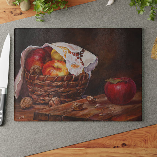 Apples and Walnuts - Glass Cutting Board - Available in 2 Sizes! Ginger's Art and Gift Shop